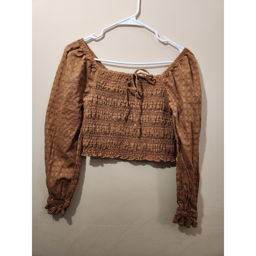 American Eagle Smocked Crop‎ Top Brown Long Sleeve Dobby Blouse Small S/P/CH